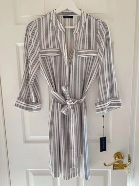 Tommy Hilfiger White Dress with Black Vertical Stripes and Tie Waist
